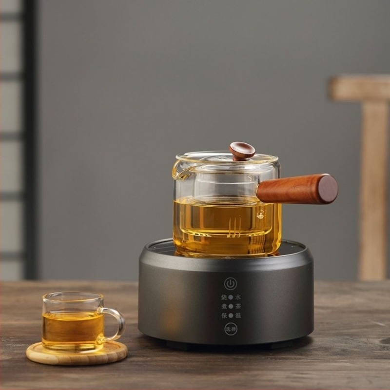 Ceainic din sticlă rezistentă la căldură cu mâner lateral, design anti-arzire, pentru uz casnic, cu filtru, stil modern simplu, pentru până la 6 porții