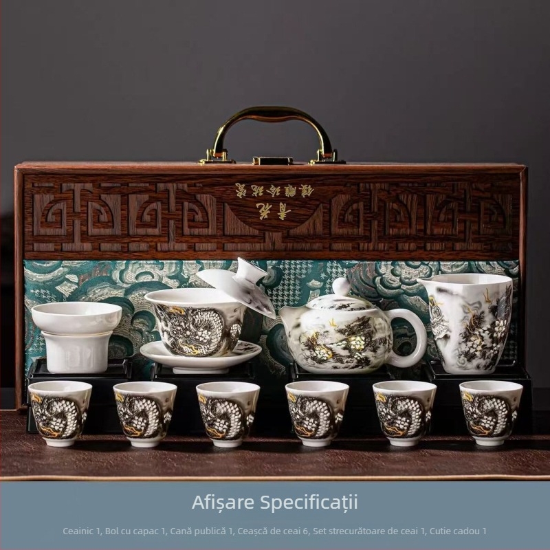 Set Kung Fu de ceai din porțelan Jade pentru birou și casă – set ceramic complet cu ceainic și vas de ceai în cutie cadou