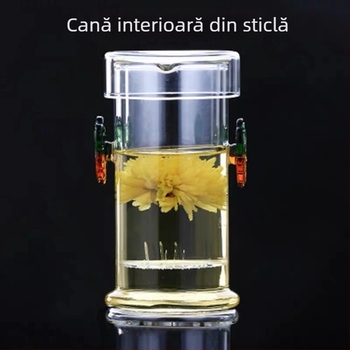 Ceașcă de ceai din sticlă borosilicată, cu filtru și mâner dublu, pentru ceai negru
