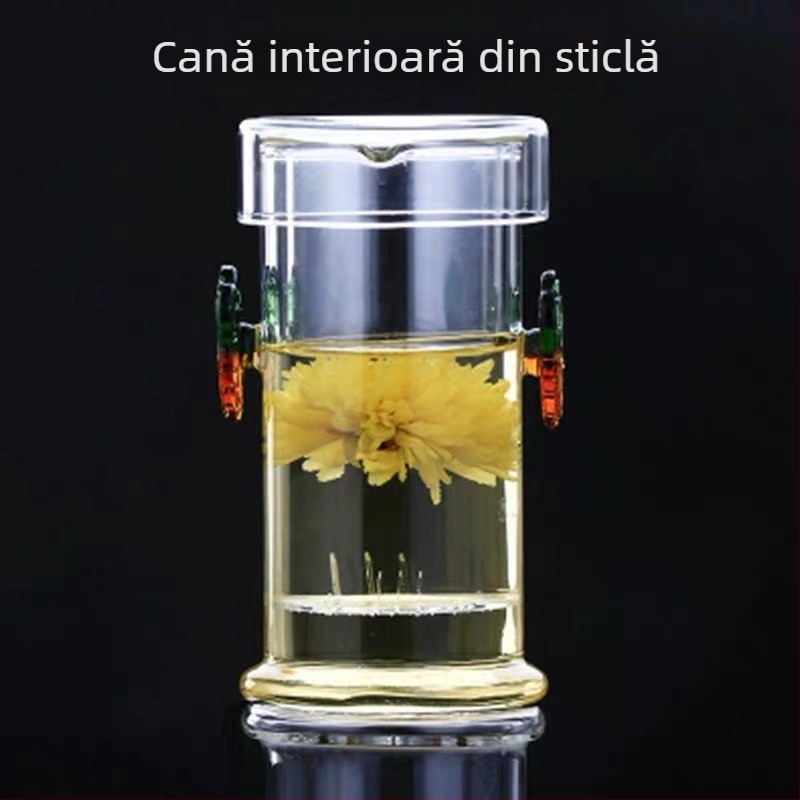 Ceașcă de ceai din sticlă borosilicată, cu filtru și mâner dublu, pentru ceai negru