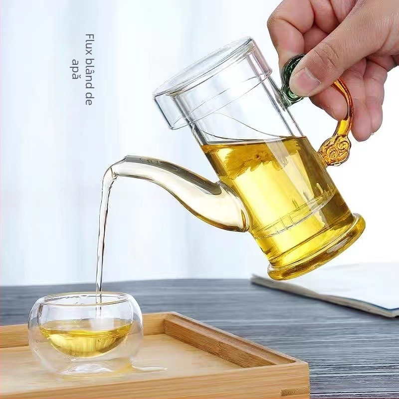 Ceașcă de ceai din sticlă borosilicată, cu filtru și mâner dublu, pentru ceai negru