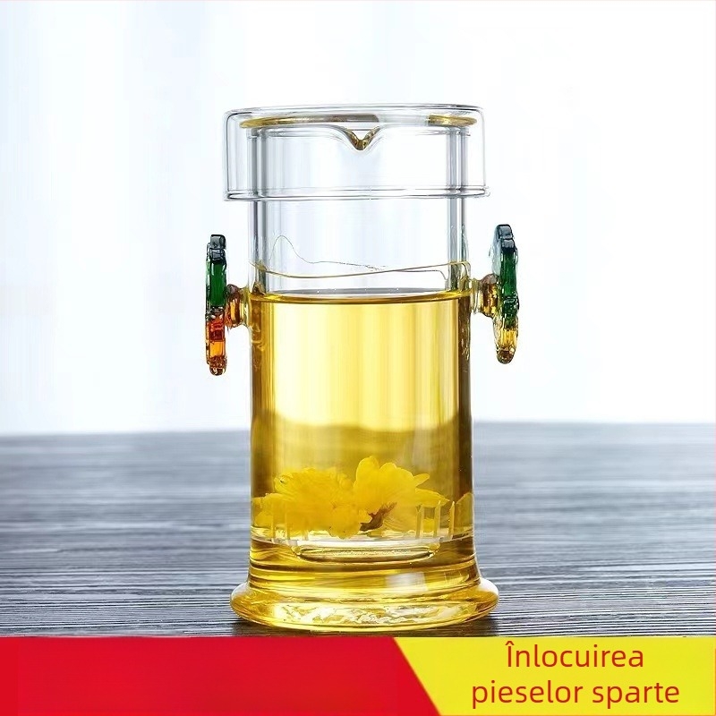Ceașcă de ceai din sticlă borosilicată, cu filtru și mâner dublu, pentru ceai negru