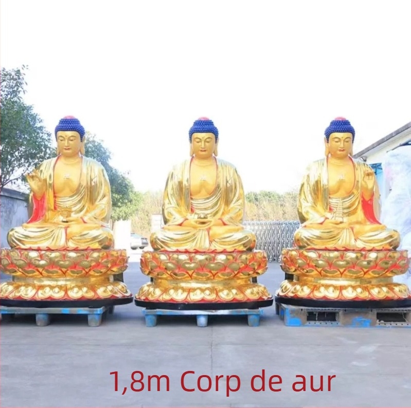 Statuie Amitabha Buda pentru templu, statuie din cupru/bronz cu Trei Sfinți și Trei Comoare, placare cu aur personalizată