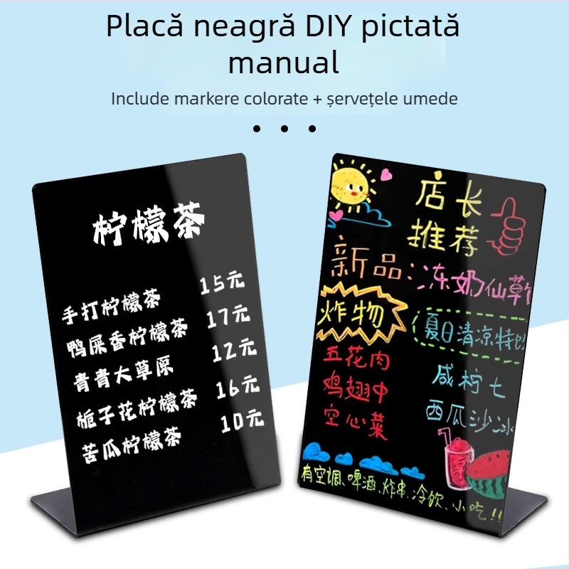 Mini tablă neagră cu meniul scris de mână și prețuri, semn de masă pentru stand