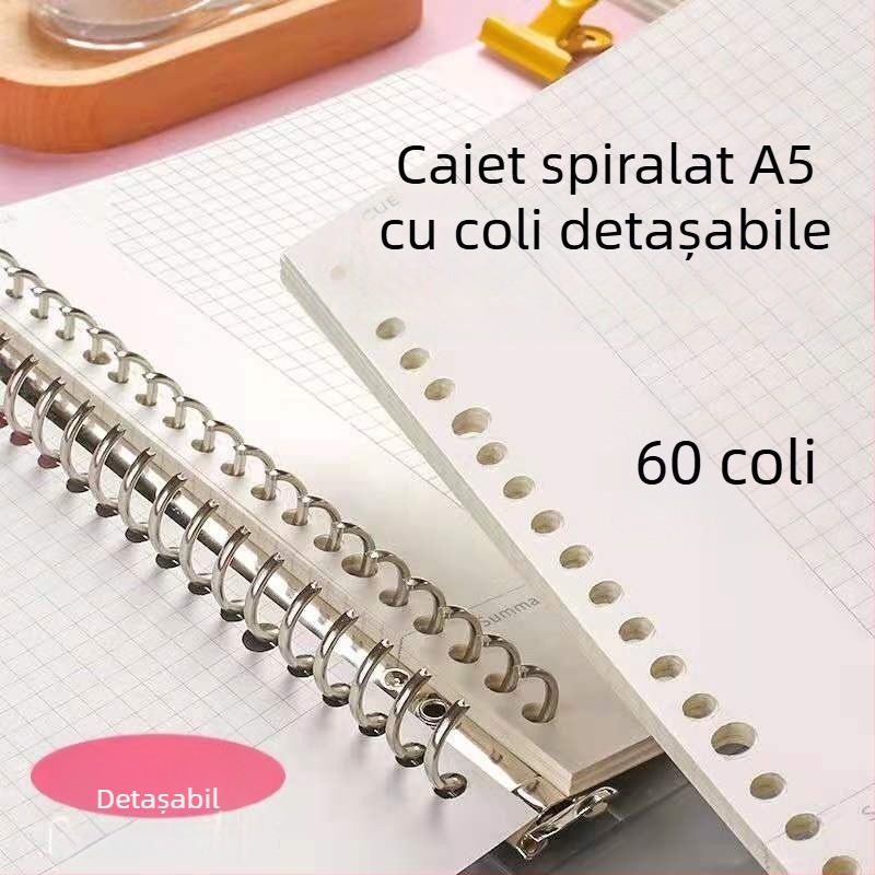 Caiet A5 cu foi detașabile, pagini cu linii orizontale și grilă pentru artă, cu spirală