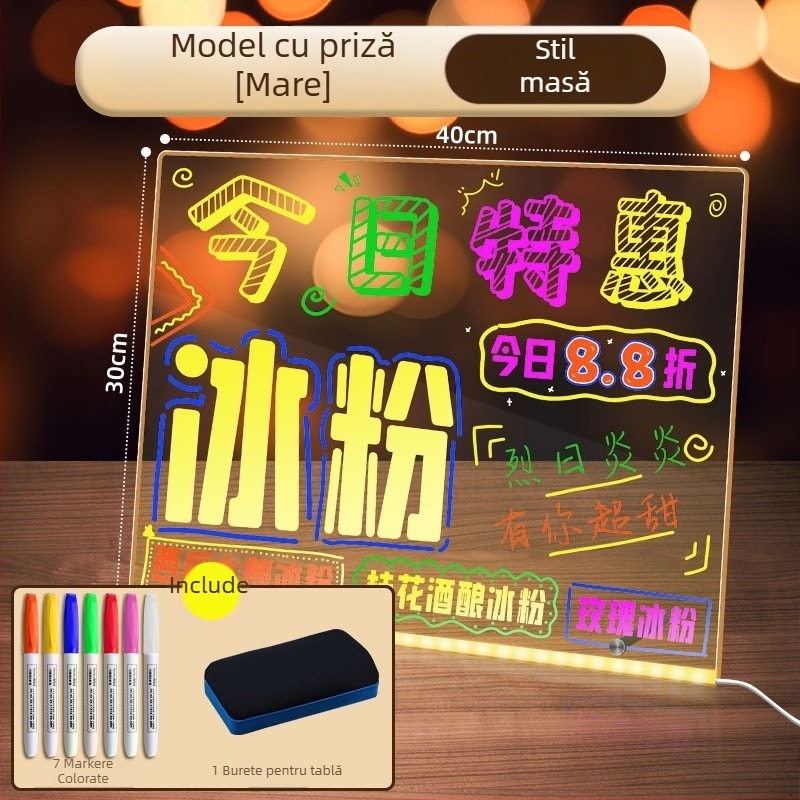 Tablă de scriere acrilică DIY, ștergibilă și luminoasă, cu suport transparent pentru masă