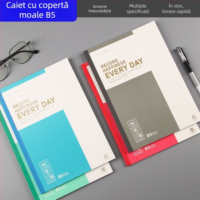Caiet B5, copertă moale color, gros pentru notițe de întâlniri, cu linii orizontale