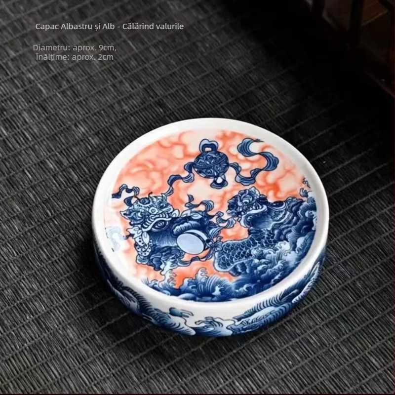 Tăviță ceramică de ceai albastru și alb, în stil Chinezesc, cu suport pentru capac, suport pentru căni și suport pentru ceainic – accesorii pentru ceremonia Kung Fu a ceaiului.