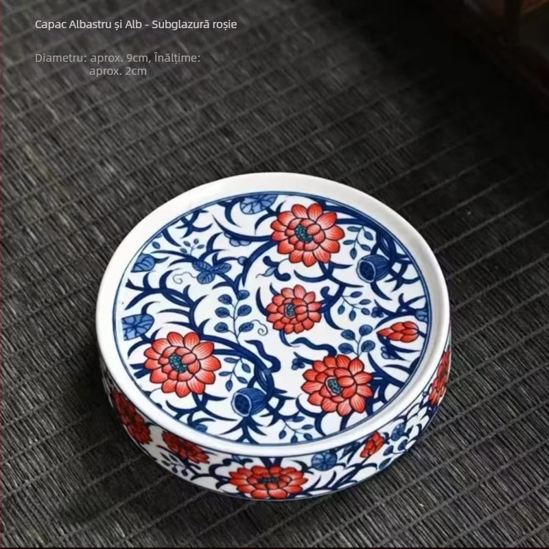 Tăviță ceramică de ceai albastru și alb, în stil Chinezesc, cu suport pentru capac, suport pentru căni și suport pentru ceainic – accesorii pentru ceremonia Kung Fu a ceaiului.