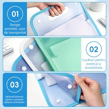 Dosar acordeon portabil pentru studenți și documente de birou, 13 compartimente, 240x360 mm, material PP