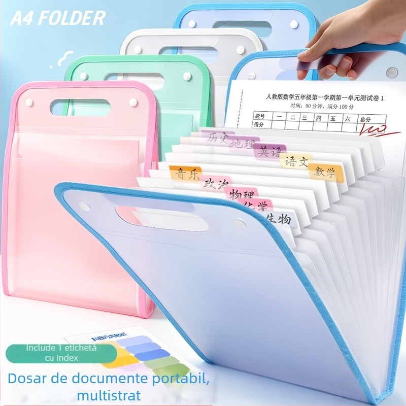 Dosar acordeon portabil pentru studenți și documente de birou, 13 compartimente, 240x360 mm, material PP