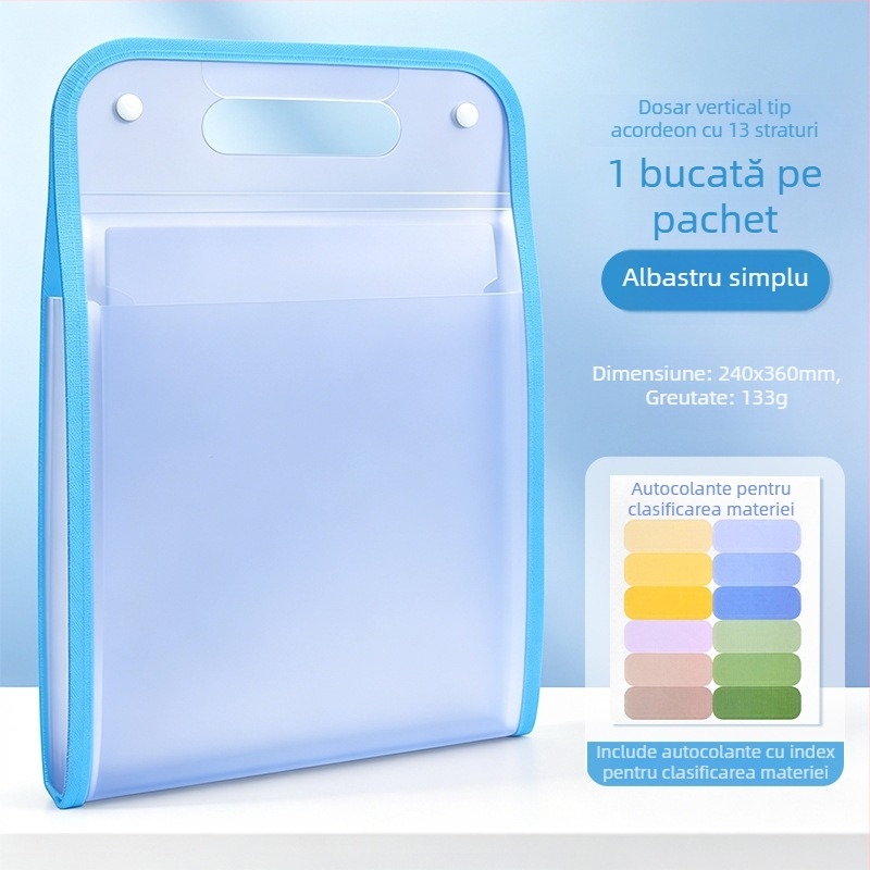 Dosar acordeon portabil pentru studenți și documente de birou, 13 compartimente, 240x360 mm, material PP