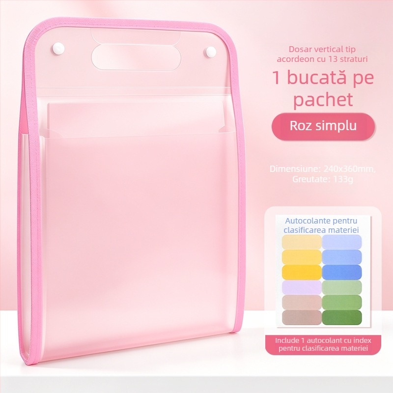 Dosar acordeon portabil pentru studenți și documente de birou, 13 compartimente, 240x360 mm, material PP