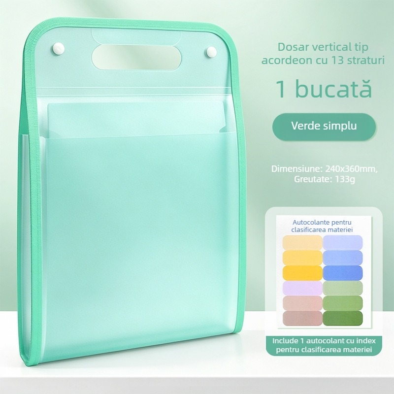 Dosar acordeon portabil pentru studenți și documente de birou, 13 compartimente, 240x360 mm, material PP