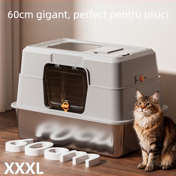 Cutie extragroasă cutie de nisip pentru pisici din oțel inoxidabil, complet închisă, anti-stropire, controlul mirosurilor