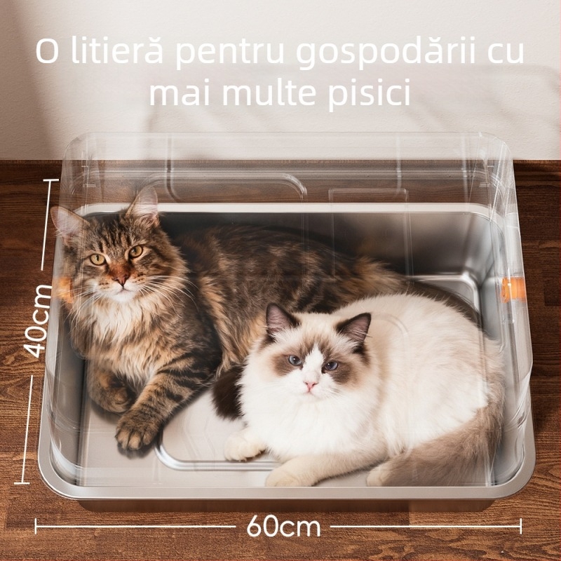 Cutie extragroasă cutie de nisip pentru pisici din oțel inoxidabil, complet închisă, anti-stropire, controlul mirosurilor