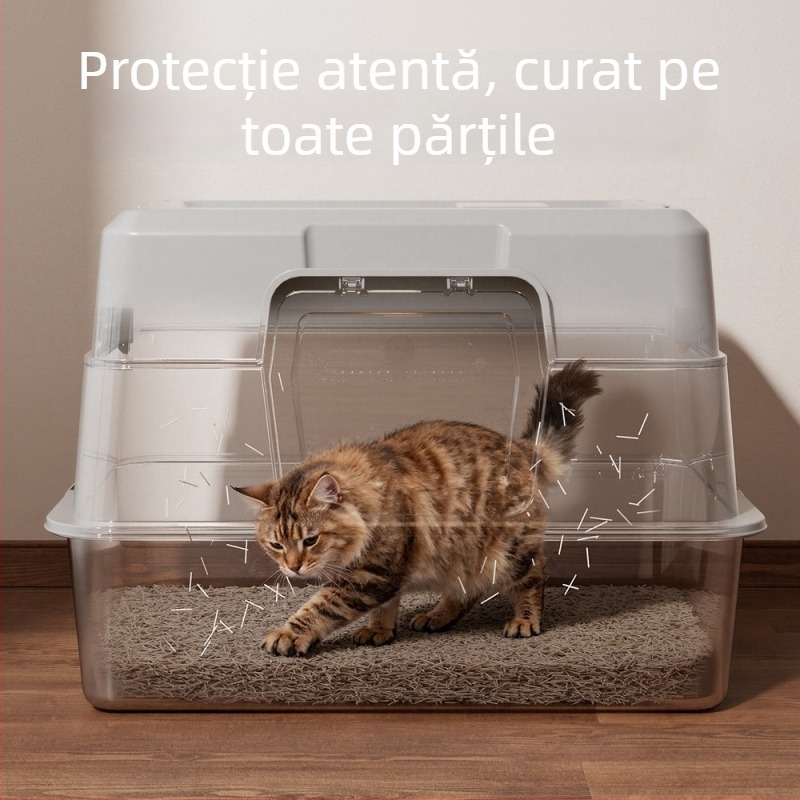 Cutie extragroasă cutie de nisip pentru pisici din oțel inoxidabil, complet închisă, anti-stropire, controlul mirosurilor