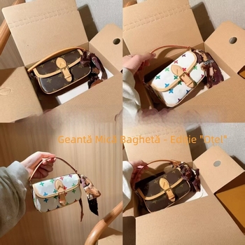 Geantă mini din piele pentru femei, tip baguette, curea crossbody, imprimeu retro