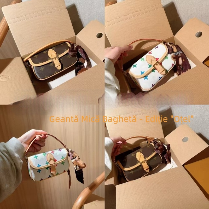Geantă mini din piele pentru femei, tip baguette, curea crossbody, imprimeu retro
