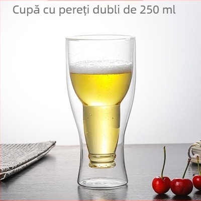 Ceașcă de bere din sticlă borosilicat cu pereți dubli, design rotativ invers, transparentă, potrivită pentru casă și baruri