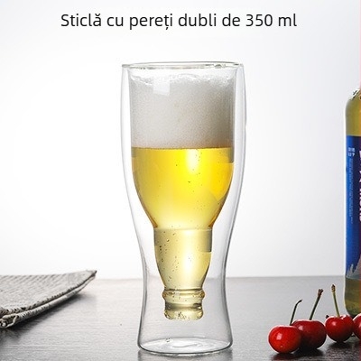Ceașcă de bere din sticlă borosilicat cu pereți dubli, design rotativ invers, transparentă, potrivită pentru casă și baruri