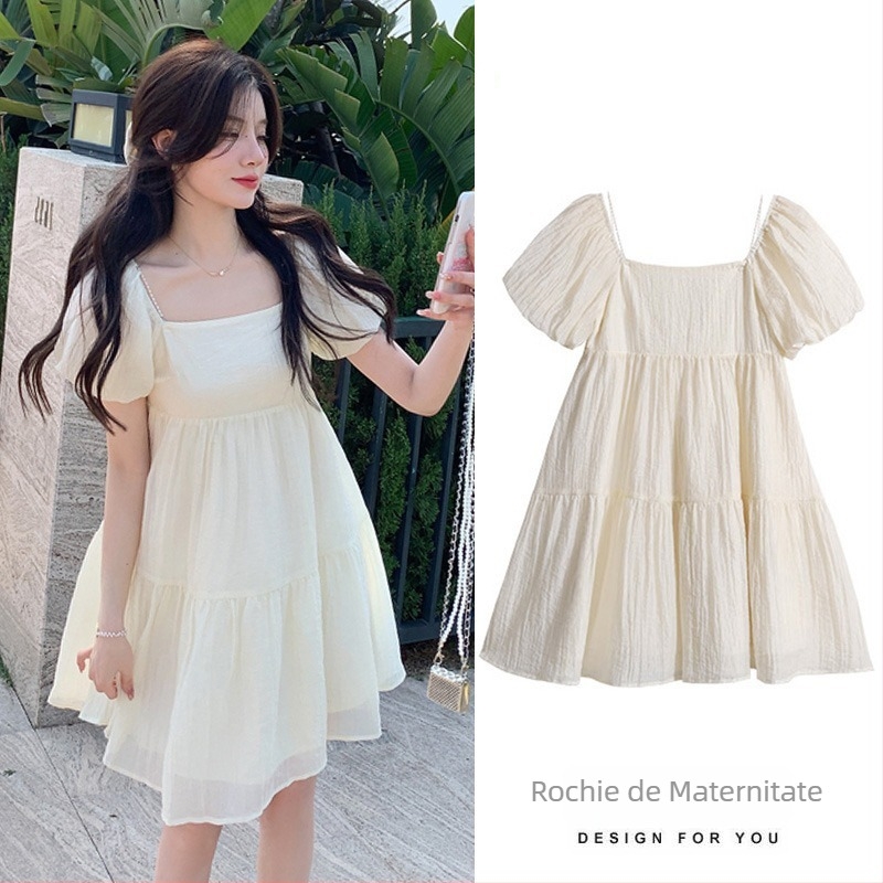Rochie de maternitate din chiffon, stil coreean, vară 2025, decolteu off-shoulder cu perle, mărime mare, siluetă sirenă