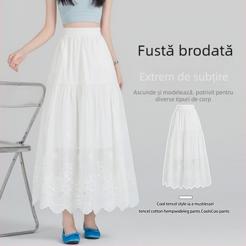 Fustă midi albă cu dantelă, design inspirat de tort, stil franțuzesc