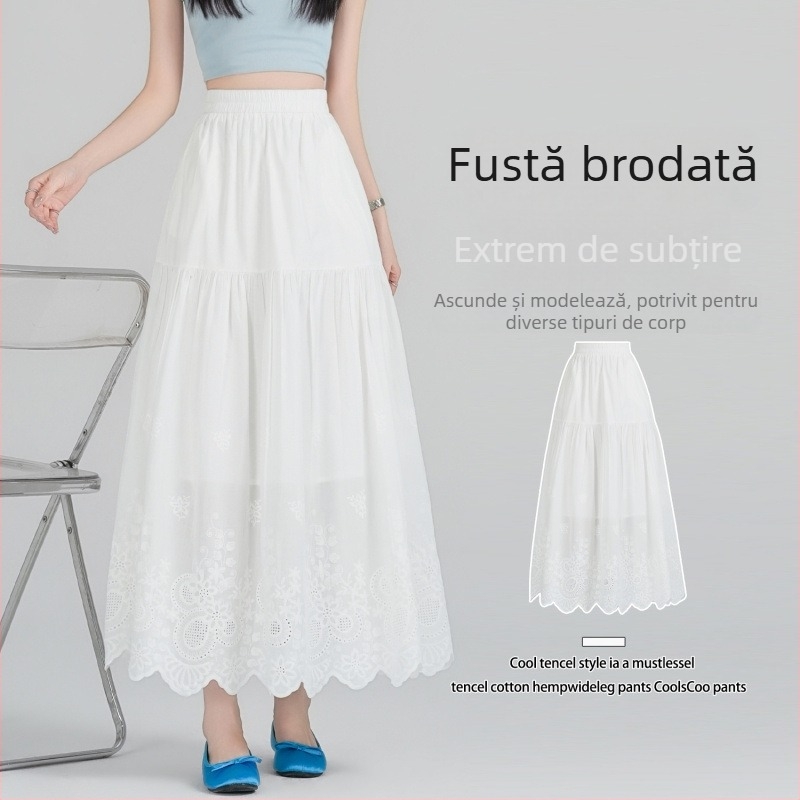 Fustă midi albă cu dantelă, design inspirat de tort, stil franțuzesc