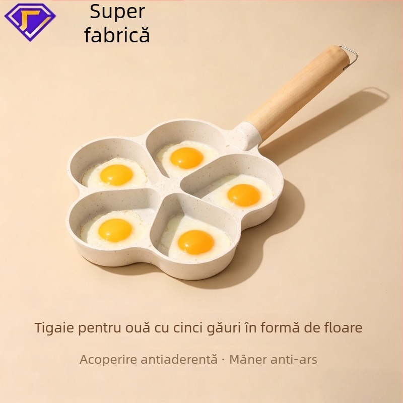Tigaie pentru ouă, formă de floare, Maifan piatră, cinci găuri, compatibilă cu plitele cu inducție, antiaderent, fund plat