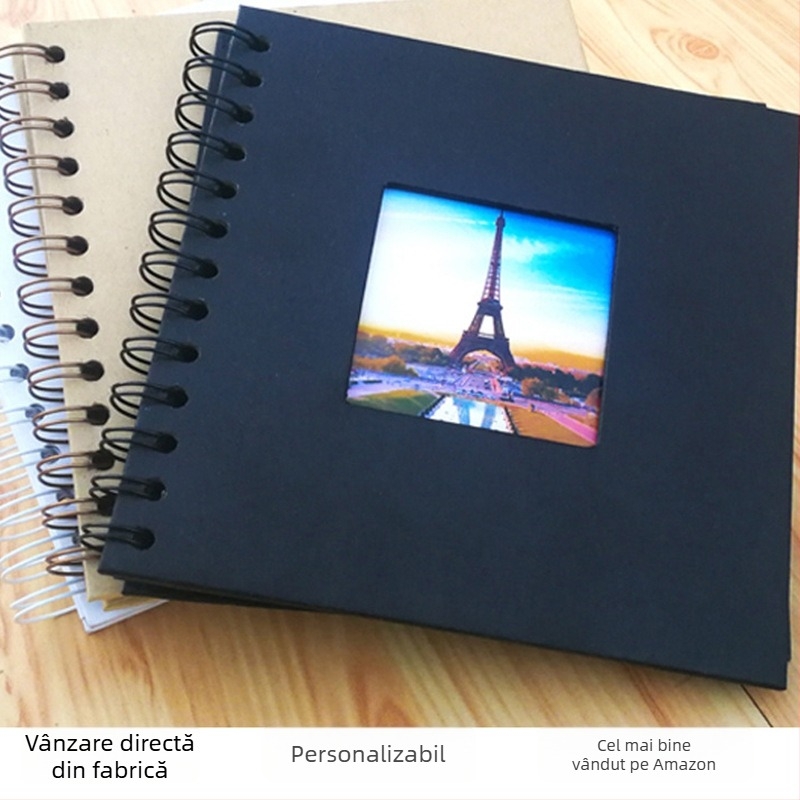 Album foto DIY cu spirală, 7 inchi, cu fereastră, scrapbook pe hârtie kraft alb-negru