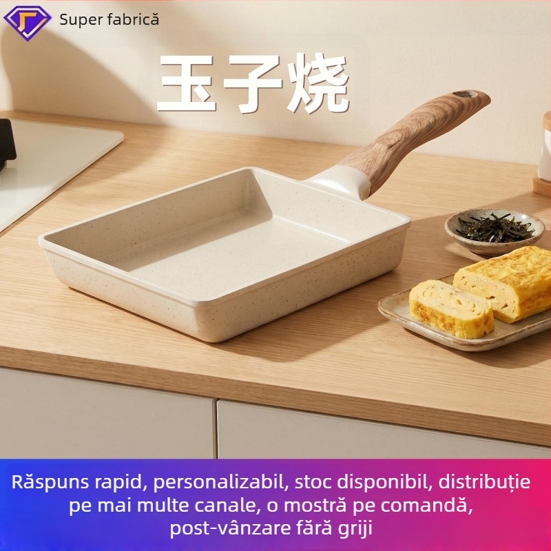 Tigaie antiaderentă pătrată, stil japonez Tamagoyaki, cu piatră Maifan, pentru rulouri din ou și friptură, fund plat, grosime reglabilă