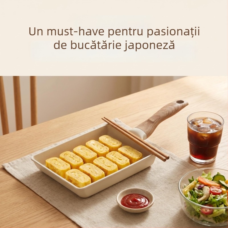 Tigaie antiaderentă pătrată, stil japonez Tamagoyaki, cu piatră Maifan, pentru rulouri din ou și friptură, fund plat, grosime reglabilă