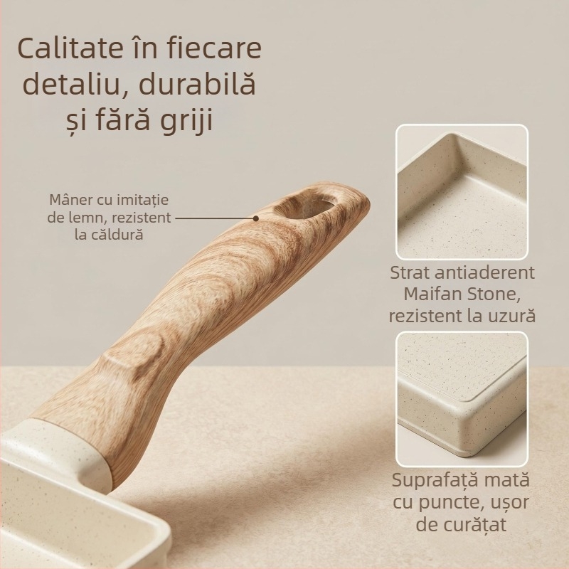 Tigaie antiaderentă pătrată, stil japonez Tamagoyaki, cu piatră Maifan, pentru rulouri din ou și friptură, fund plat, grosime reglabilă