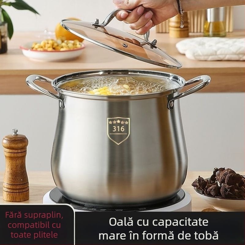 Oală de supă din oțel inoxidabil 316, fund gros, capacitate mare 4,1–5 L pentru gătit la aburi și supe, compatibilă cu plite cu inducție și aragaz.