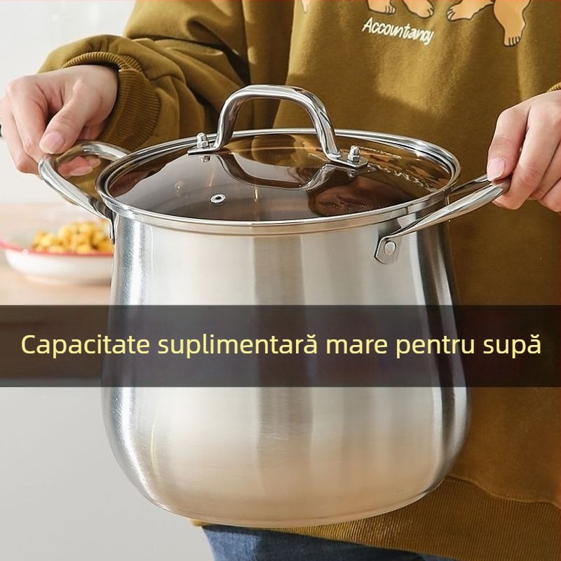 Oală de supă din oțel inoxidabil 316, fund gros, capacitate mare 4,1–5 L pentru gătit la aburi și supe, compatibilă cu plite cu inducție și aragaz.