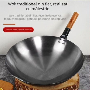 Wok tradițional cu mâner unic din fier forjat, fără acoperire, mare pentru prăjit la temperaturi înalte, fund rotund, potrivit pentru aragaz cu gaz