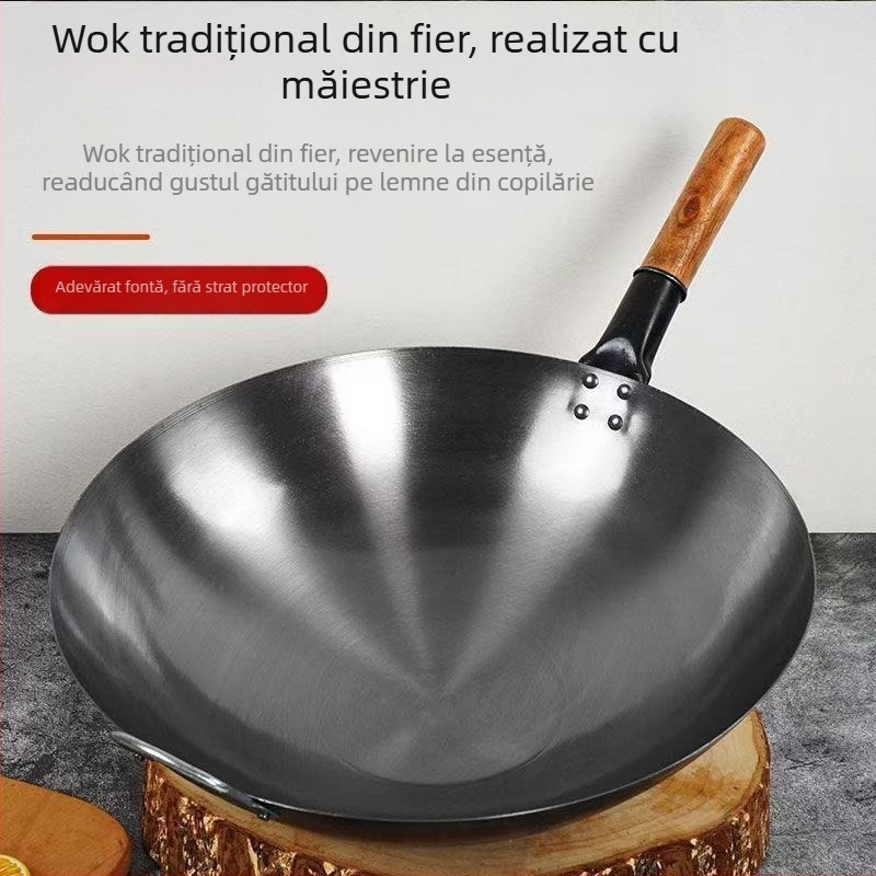 Wok tradițional cu mâner unic din fier forjat, fără acoperire, mare pentru prăjit la temperaturi înalte, fund rotund, potrivit pentru aragaz cu gaz