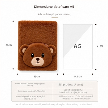 Copertă de album foto din pluș cu fermoar, ursuleț desenat, jurnal de amintiri pentru grădiniță, personalizabil