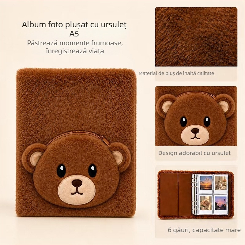 Copertă de album foto din pluș cu fermoar, ursuleț desenat, jurnal de amintiri pentru grădiniță, personalizabil