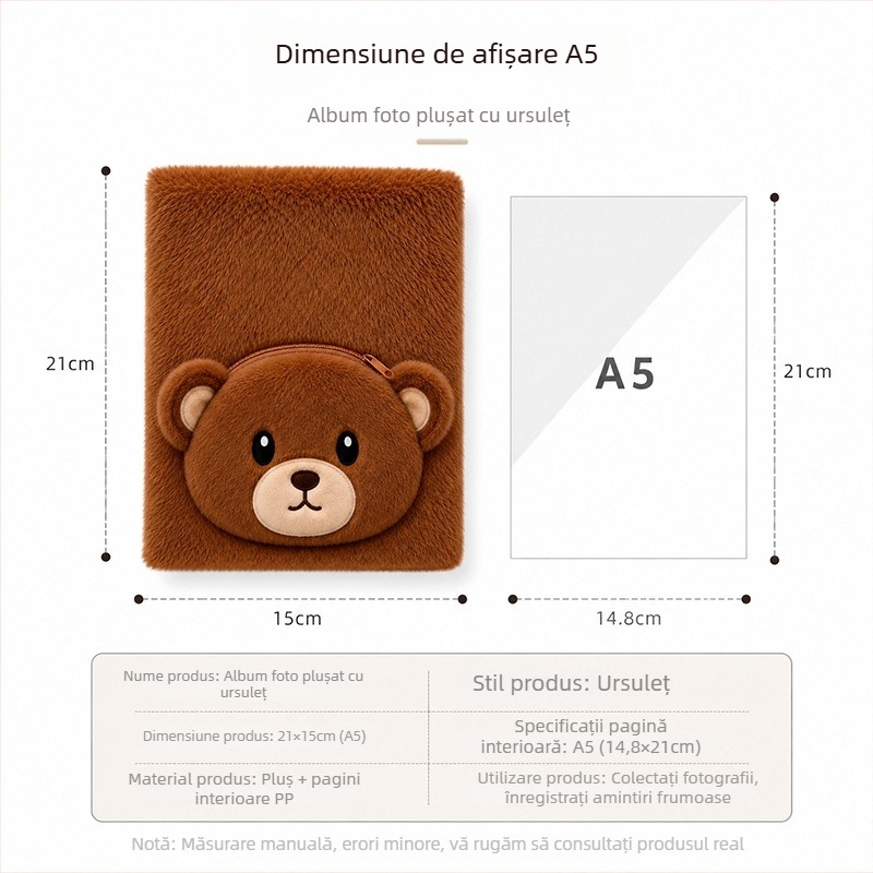 Copertă de album foto din pluș cu fermoar, ursuleț desenat, jurnal de amintiri pentru grădiniță, personalizabil