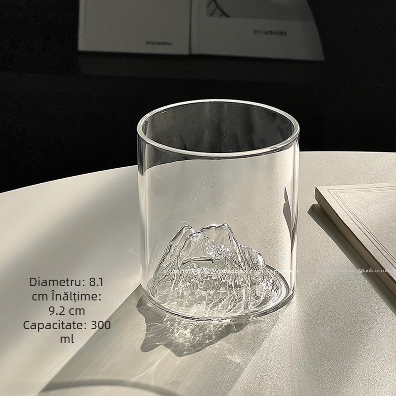 Pahar din sticla în stil Ins, Fuji Mountain – pahar premium pentru apă, fără mâner, potrivit pentru whiskey sau cafea