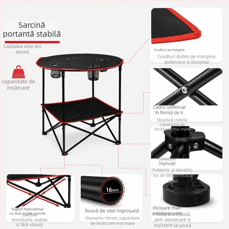 Masă rotundă din pânză pentru camping și grătar, masă pliabilă portabilă și set masă cu scaune pentru stand