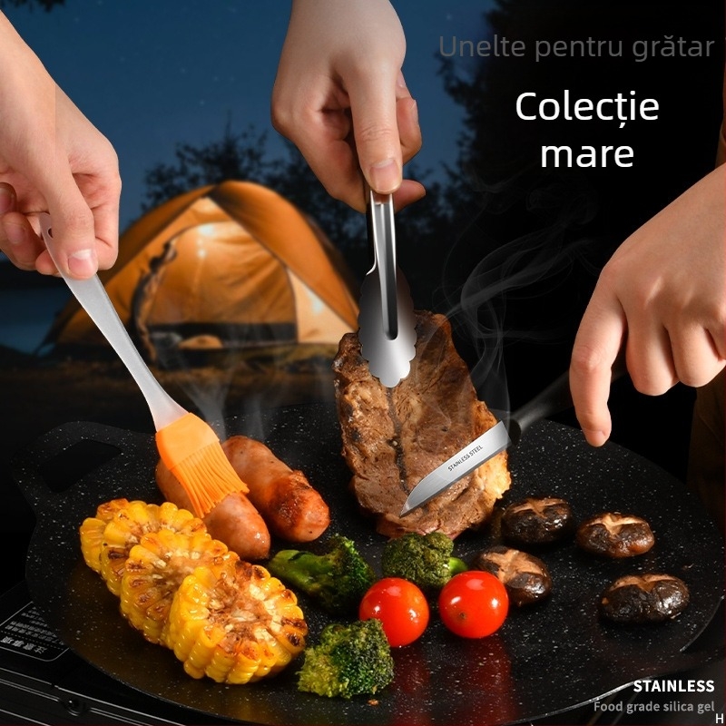 Set pentru grătar în aer liber: perie din silicon pentru uns, clește pentru carne și clipsuri pentru carne