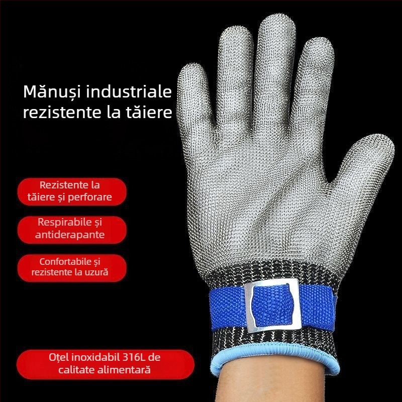Mănuși cu sârmă de oțel, rezistență la tăiere pentru cinci degete, protecție nivel 9, oțel inoxidabil întărit, rezistente la înțepare, pentru lucru, manipularea peștelui și desossare