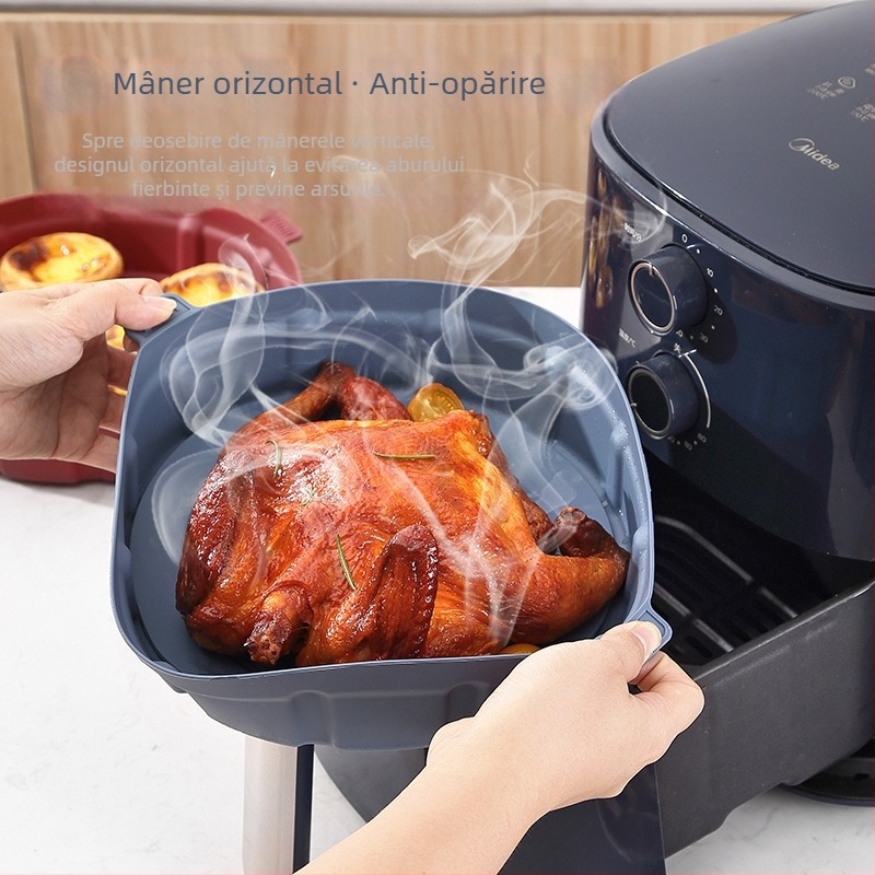 Covoraș din silicon pentru aer fryer, tavă circulară din silicon, multifuncțional, rezistent la temperaturi înalte, reutilizabil