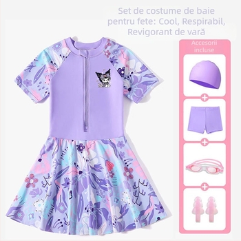Costum de baie pentru fete, protecție solară, imprimeu desen animat, stil rochie pentru copii