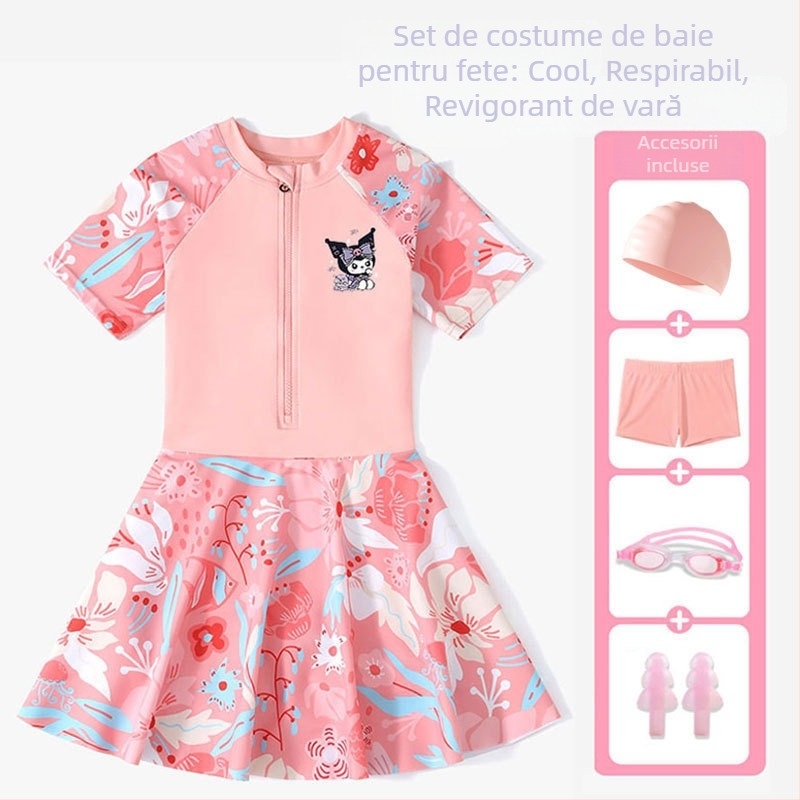 Costum de baie pentru fete, protecție solară, imprimeu desen animat, stil rochie pentru copii