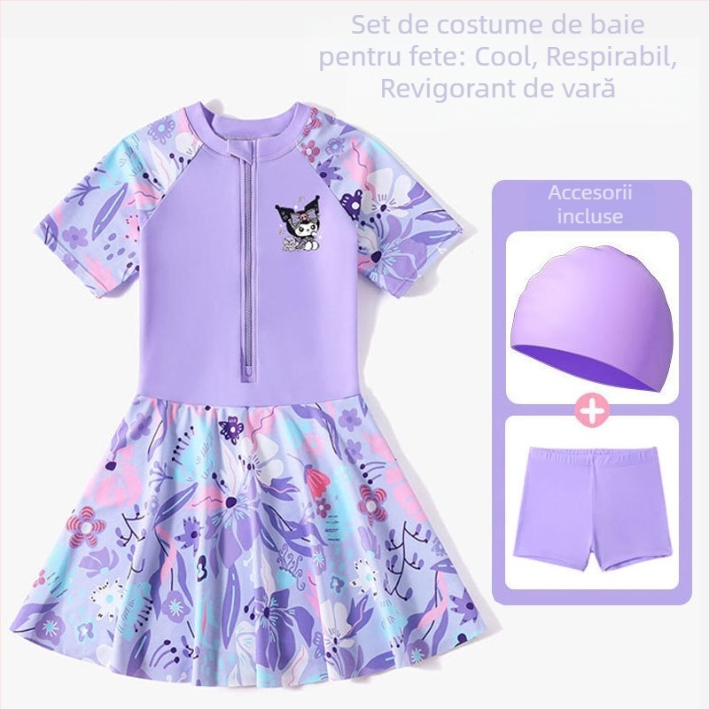 Costum de baie pentru fete, protecție solară, imprimeu desen animat, stil rochie pentru copii