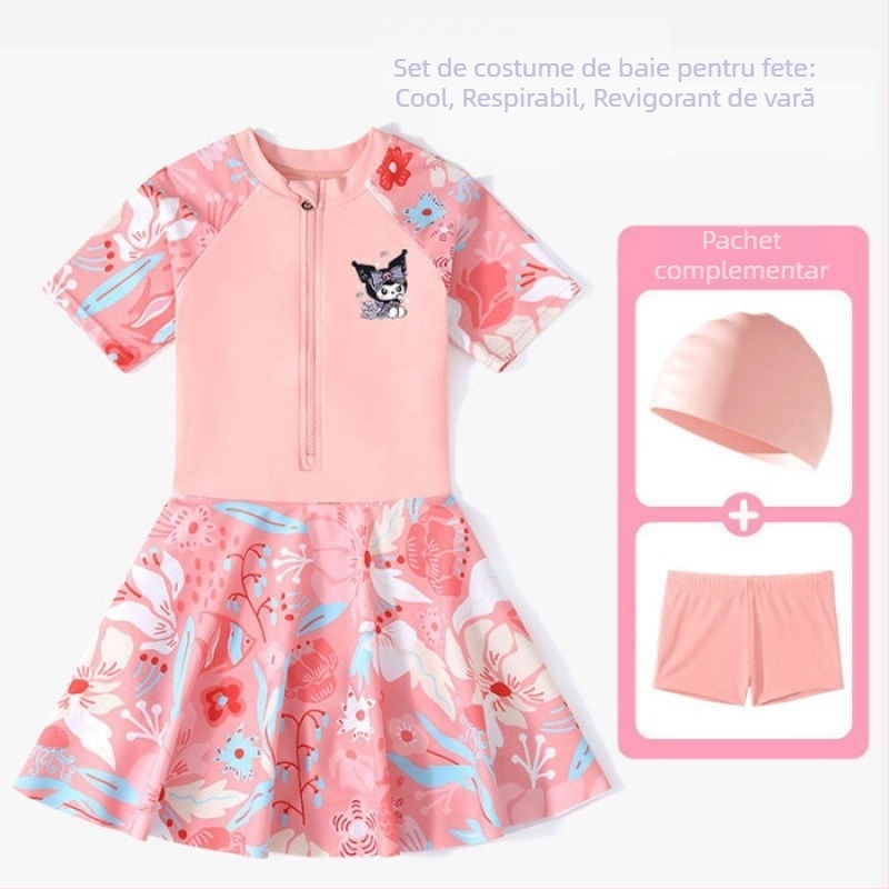 Costum de baie pentru fete, protecție solară, imprimeu desen animat, stil rochie pentru copii
