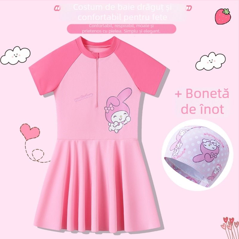 Melody costum de baie pentru fete roz, drăguț și la modă, cu fustă, respirabil și uscare rapidă